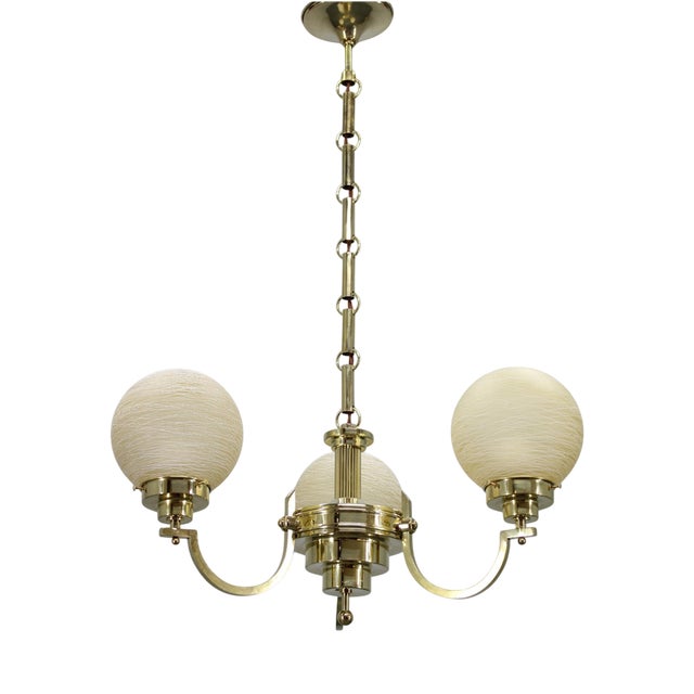 Vintage Art Deco Brass Chandelier with Textured Glass Globes, 1930s For Sale