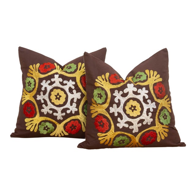 Pair of 18" Multicolor Suzani Medallion Pillow Covers For Sale