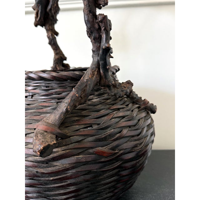 Large Antique Japanese Smoke Bamboo Basket Wisteria Root Handle Meiji Period For Sale - Image 13 of 16
