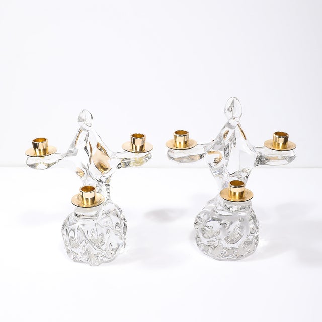 Schneider Glass Pair of Mid-Century Crystal & Brass Tree Form Candelabras Signed Schneider For Sale - Image 4 of 15