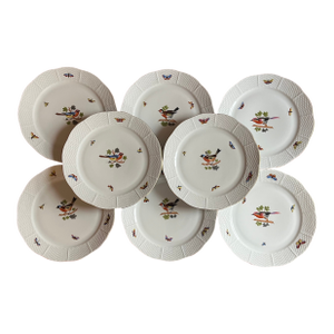 Herend Porcelain Dinner Plates Decorated With Birds, Butterflies and Insects With Basketweave Rim - Set of 8
