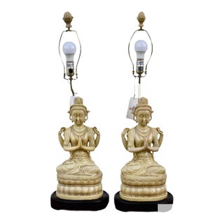 Vintage HMH Pair of Table Lamps Guanyin Asian Faux Ivory For Sale