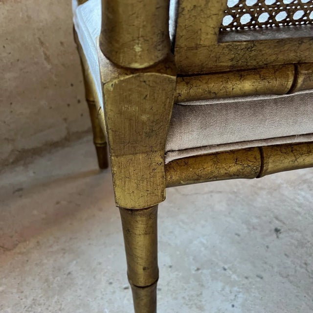 Textile 1960s Elegant Faux Bamboo Gold Leaf Cane Armchairs For Sale - Image 7 of 12