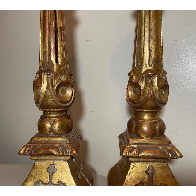 1970s Pair Large Vintage Carved Ornate Gold Gilt Wood Religious Altar Candlesticks For Sale - Image 5 of 11