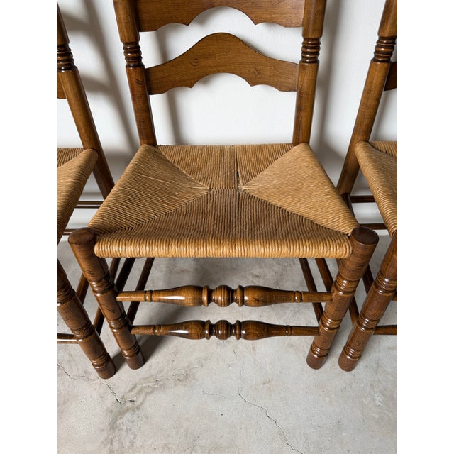Vintage French Country Style Tall Ladder Back Rush Seat Dining Chairs – Set of 4 For Sale - Image 15 of 18