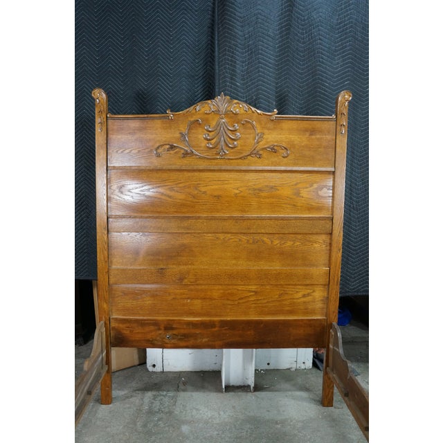 Antique 19th C. American Victorian Carved Golden Oak Paneled High Back Bed Frame For Sale - Image 9 of 18
