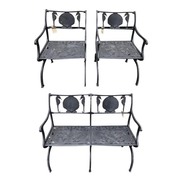Mid 20th Century Hollywood Regency Molla Seahorse and Scallop Shell Patio Set, 3 Pieces For Sale