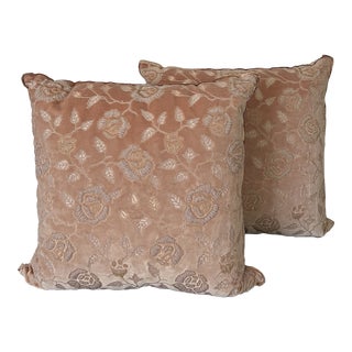 Nancy Corzine Pair of Pillows on the Face Light Pink Velvet With a Hand Beaded Floral Design For Sale