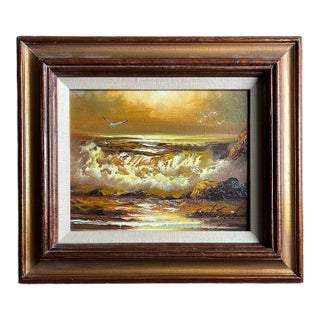 Vintage Framed Impressionist Seascape Amber Sunset Oil Painting 8 X 10” For Sale