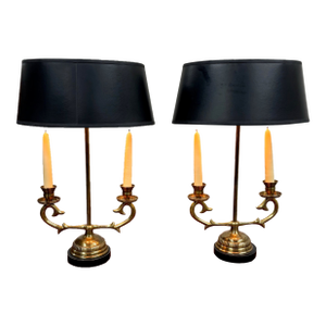 Vintage French Regency Style Brass Bouillotte Tole Table Lamps With Candles