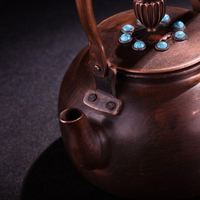 Metal Vintage Hand-Hammered Copper Teapot With Gemstone Inlay and Cloud Motif For Sale - Image 7 of 9