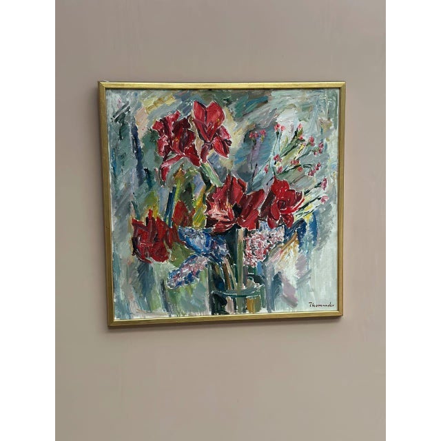 Original Swedish Oil on Canvas – “Amaryllis and Hyacinths” by Harry Thomander – Vintage & Framed – 64 × 65 cm (25.2" ×...