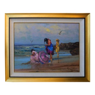Robert Hagan"Beach Party"Oil on Canvas Girls on Beach Hand Signed For Sale