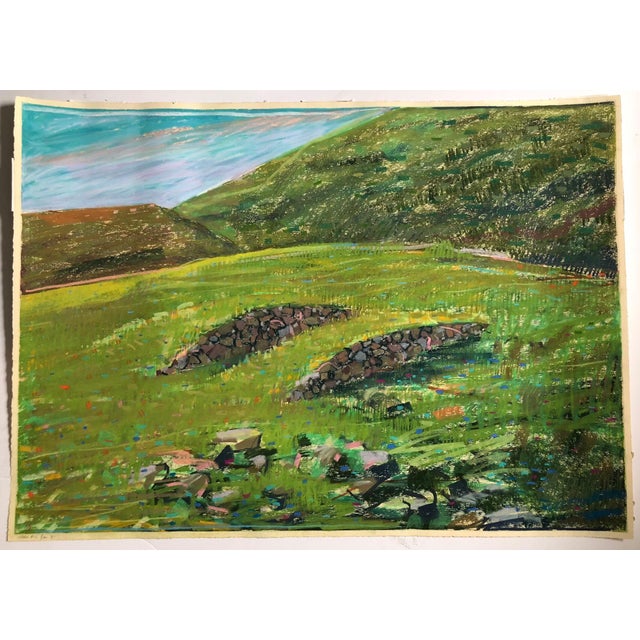 It has a variegated texture to it. It is signed and titled. Large format drawing or painting in pastel or crayon. pastoral...