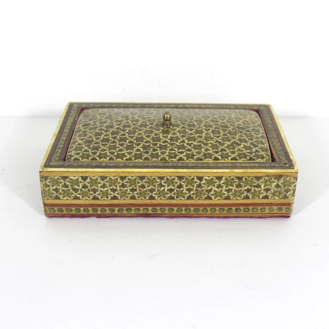 Boho Chic Antique Persian Khatam Micro Marquetry Inlaid Box With Bone, Wood and Brass Inlay For Sale - Image 3 of 12