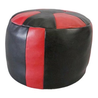 Vintage Black and Red Leather Ottoman Stool For Sale