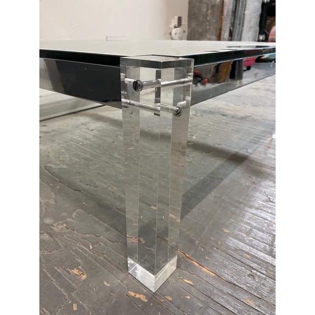 Transparent Lucite Coffee Cocktail Table Lug Peg Chrome Square Hollywood Regency Glass For Sale - Image 8 of 10