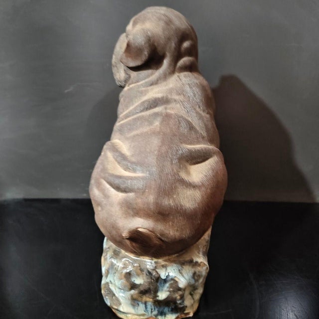 Asian Vintage Shiwan Ware Shar-Pei Dog Sculpture | Handmade Ceramic Figure With Peaches | 12" Tall For Sale - Image 3 of 8