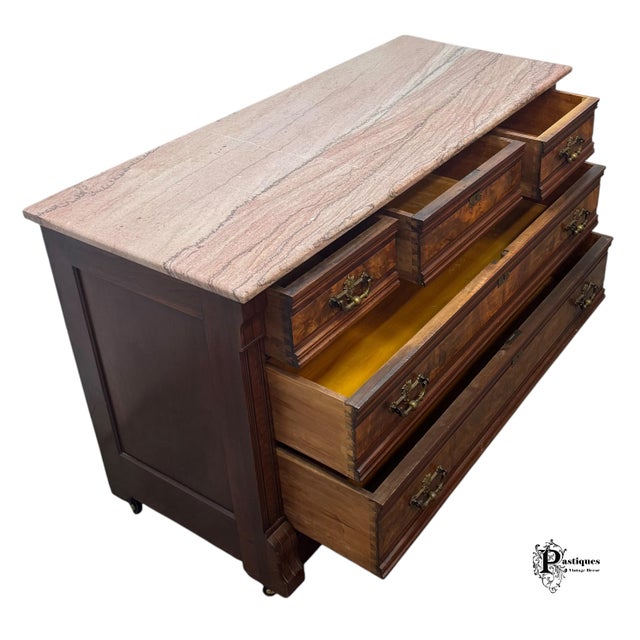 Antique Eastlake Style Walnut & Burl Wood Travertine Marble Top Chest of Drawers For Sale - Image 9 of 12