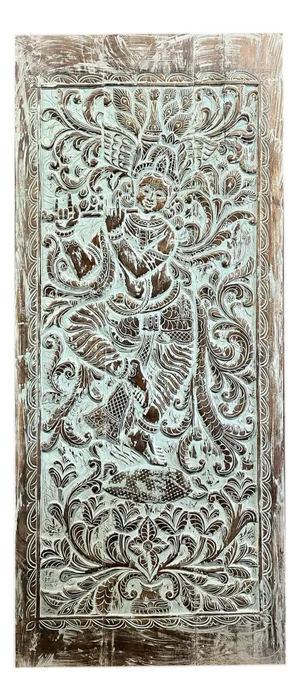 Vintage Krishna Carved Wood Wall Panel – Handcrafted Indian Art Decor 96x40