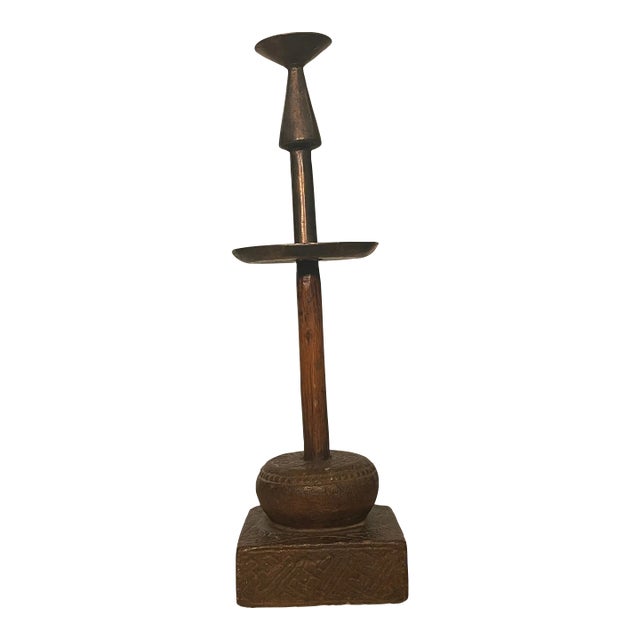 Late 19th Century Candle Holder in Wood, Metal and Stone Engraved Details For Sale