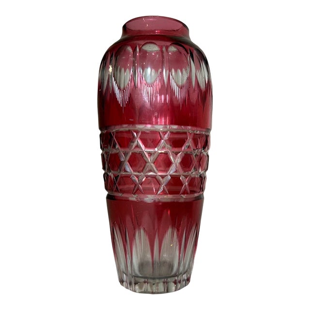 Vintage Handmade Red Cranberry Czech Cut to Clear Crystal Glass Ornate Vase For Sale