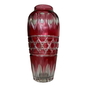 Vintage Handmade Red Cranberry Czech Cut to Clear Crystal Glass Ornate Vase