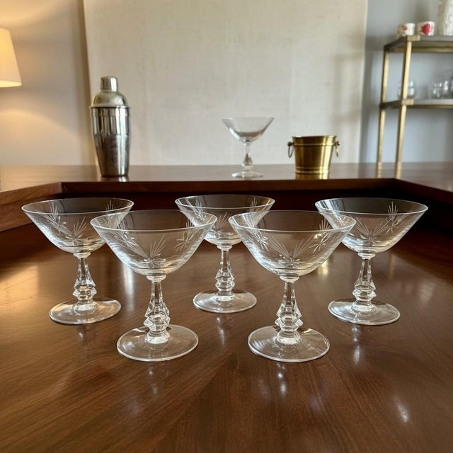 Glass Vintage Mid-Century Modern Tiffin Franciscan Shooting Star Champagne Sherbet Glasses - Set of 6 For Sale - Image 7 of 8