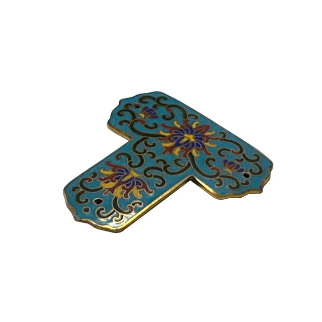 Asian Set of 2 Turquoise Enamel Cloisonne T Shape Metal Decor Plaque Art For Sale - Image 3 of 7