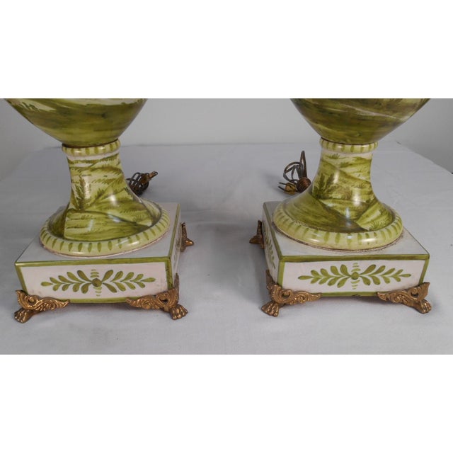 Metal Early Marbro Urn Lamps With Green Painted Roman Ruins - a Pair For Sale - Image 7 of 13