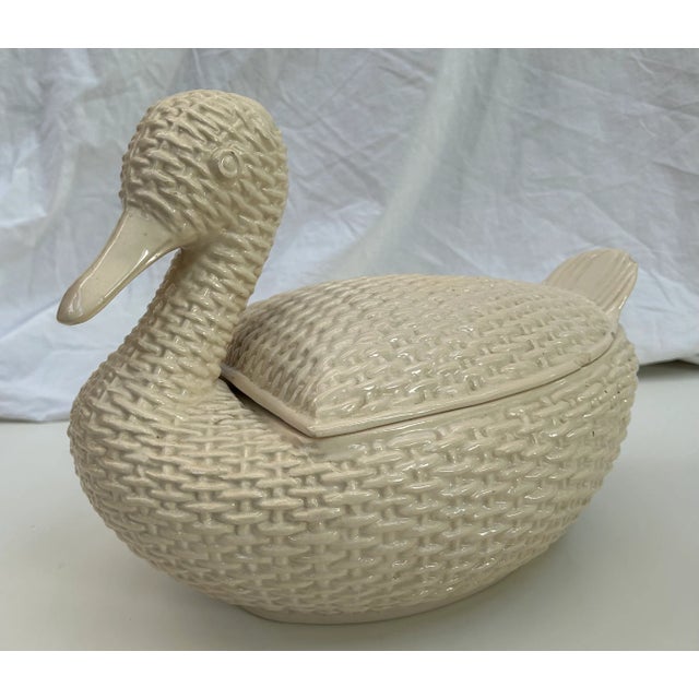 Cottage Chic White Wicker Ceramic Goose Tureen With Lid For Sale - Image 11 of 12