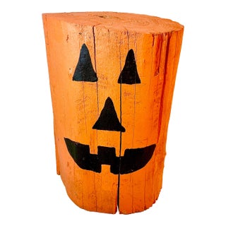 Vintage Americana Folk Art Boho Chic Wood Stump Jack-O-Lantern Low Stool - Halloween For Sale
