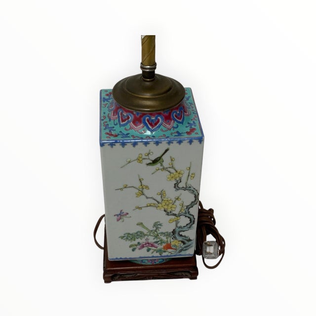 Antique Chinese Republic Period Famille Rose Four Seasons Porcelain Lamp Pagoda Shade Celluloid Rose Finial For Sale In Palm Springs - Image 6 of 12