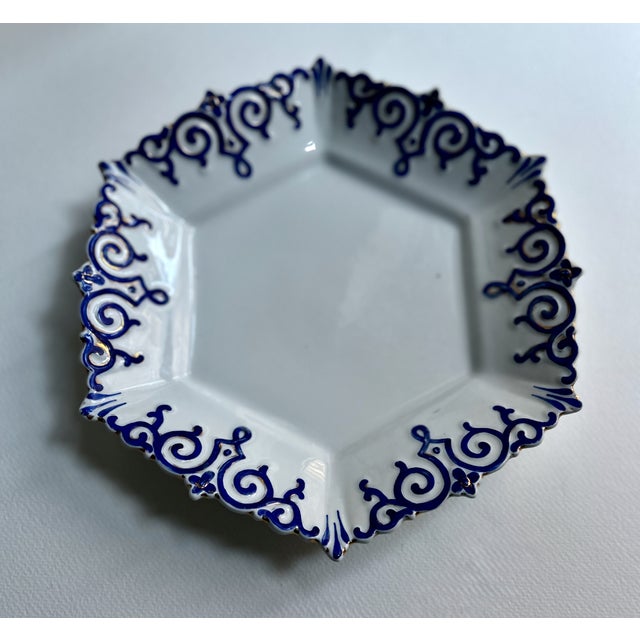 Vintage White Hexagonal Ceramic Serving Dish With Cobalt Blue & Gold Trim For Sale - Image 16 of 16