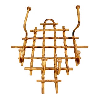 Vintage French Mid-Century Burnt Bamboo & Rattan 6-Hook Coat & Hat Rack, Wall Mount For Sale
