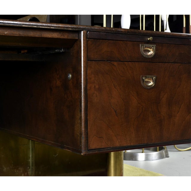 1970s Romweber Burl Wood and Gold Trim Executive Desk With Filing Drawers For Sale - Image 15 of 18