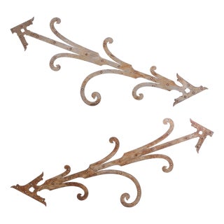Pair of Monumental French Iron Strap Hinges, Scroll and Arrow Form, C. 1890. For Sale