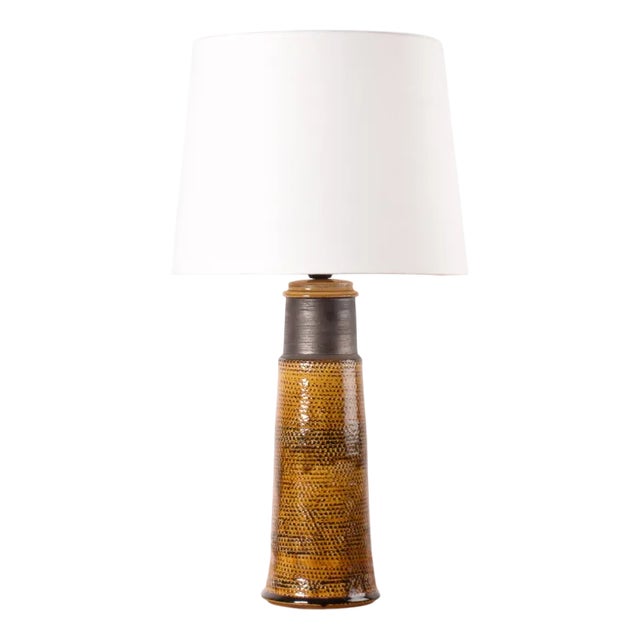 Mid-Century Modern Amber Yellow and Brown Ceramic Table Lamp with Lampshade from Kähler, Denmark, 1960s For Sale