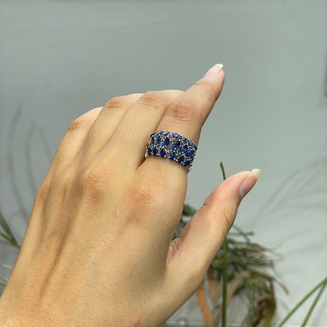 Blue 3.4 Ct Certified Natural Blue Sapphire Three Row Mosaic Cluster Ring, Size 7 For Sale - Image 8 of 14