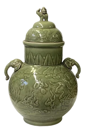 Chinese Ancient Style Celadon Ceremonial Jar With Dragon Phoenix Motif
