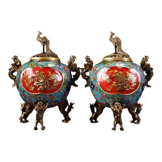 Late 19th Century Pair of Cloisonné Enamel Tripod Censers With Phoenix Finials, 2200g Total For Sale