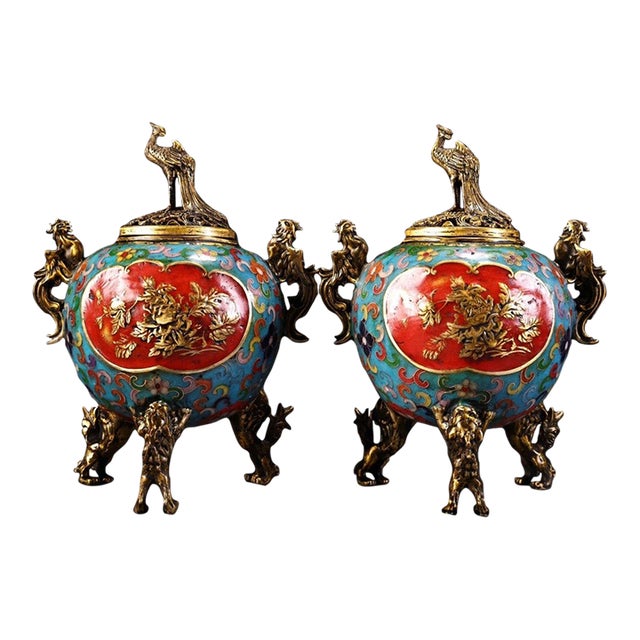 Late 19th Century Pair of Cloisonné Enamel Tripod Censers With Phoenix Finials, 2200g Total For Sale