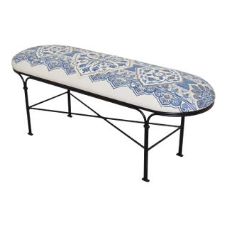 Custom Blue & White Chinoiserie Upholstered Bench With Black Iron Base For Sale