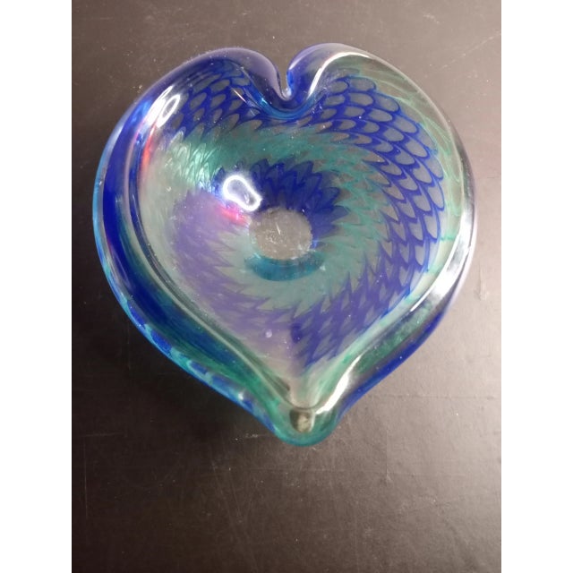 Glass Vintage Heart Shaped Blue & Green Art Glass Swirl Pattern Ashtray For Sale - Image 7 of 8