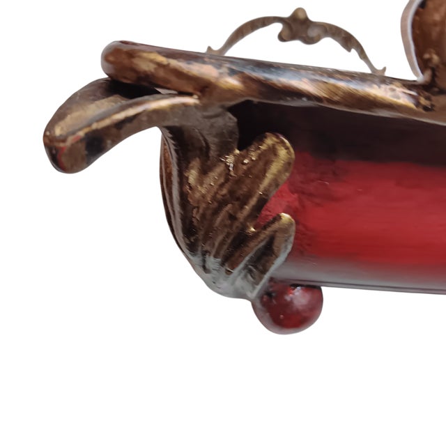 Large Metal Serving Tray Cranberry Red and Gold Leaf Vine Design Ornate Handles For Sale In Austin - Image 6 of 18