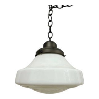 Vintage School White Glass Pendant Lighting Fixture For Sale