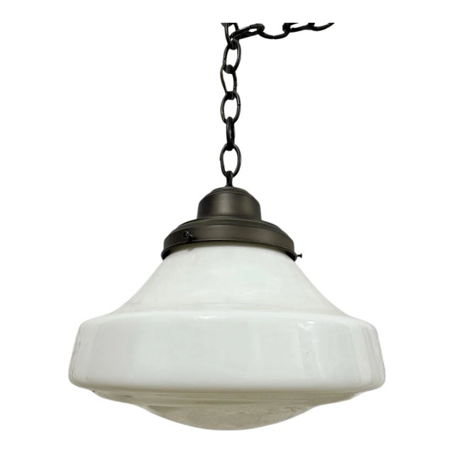 Vintage School White Glass Pendant Lighting Fixture For Sale