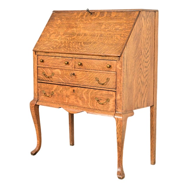 Berkey & Gay Style Antique Victorian Tiger Oak Slant Front Secretary Desk, Circa 1900 For Sale