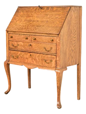 Berkey & Gay Style Antique Victorian Tiger Oak Slant Front Secretary Desk, Circa 1900