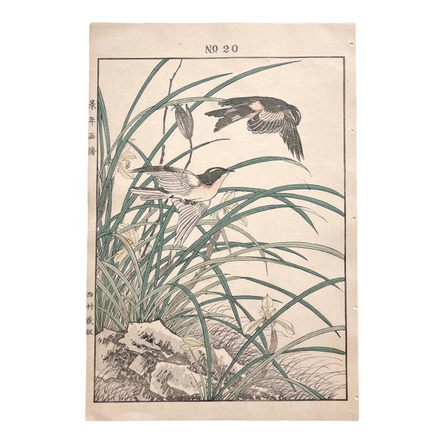 Imao Keinen, "Orchids and Swallows," 1891 First-Edition Antique Japanese Woodblock Print For Sale